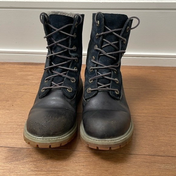 Timberland Waterproof Warm gray Teddy fleece Lined Boots navy blue leather sz 7 - Picture 2 of 10